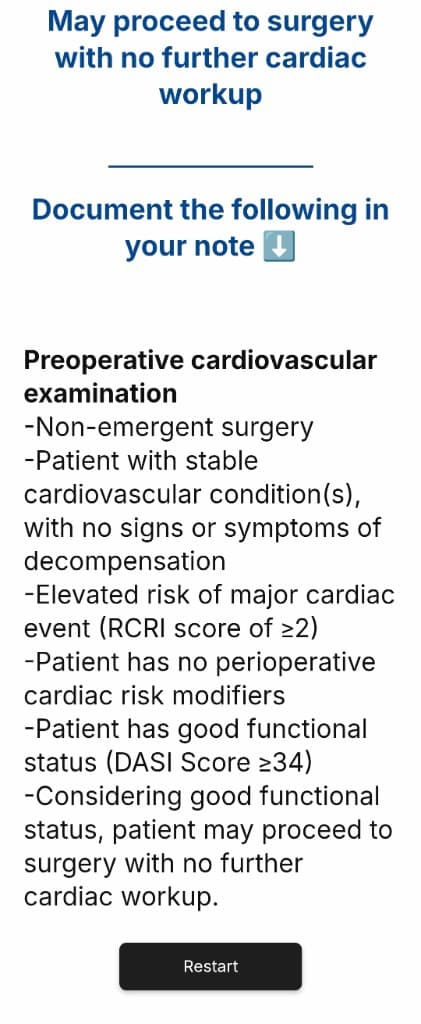 Preop360 recommendation screen for Active Cardiac Condition with documentation guidance